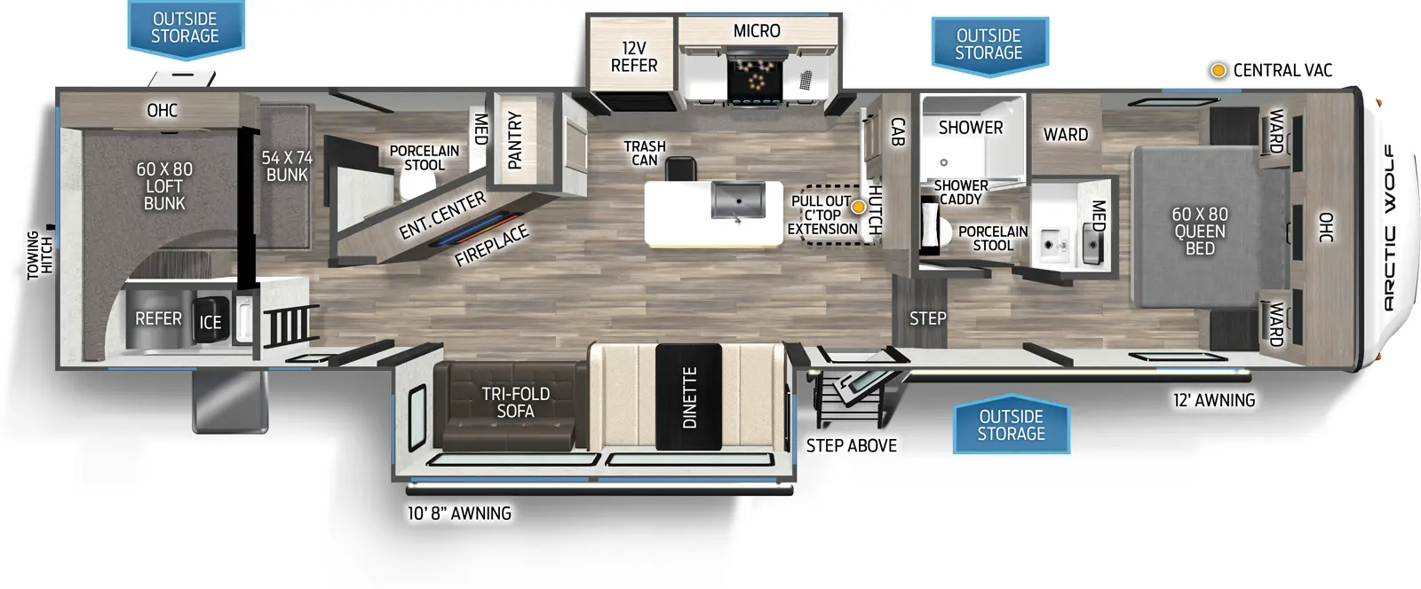 The 331BH has two slideouts and one entry. Exterior features 10 foot 8 inch and 12 foot awnings, outside storage, step above entry steps, outside kitchen with refrigerator and ice maker, and rear towing hitch. Interior layout front to back: foot-facing queen bed with overhead cabinet, wardrobes on each side, and off-door side wardrobe; off-door side full bathroom with medicine cabinet, porcelain stool, and shower caddy; door side steps down to main living area and entry; hutch with cabinet and pull-out countertop extension along inner wall; off-door side slideout with kitchen counter, cooktop, overhead cabinet, microwave, and 12 volt refrigerator; kitchen island with sink and trash can; door side slideout with dinette and tri-fold sofa; pantry, entertainment center and fireplace along angled inner wall; rear bunk room with half-bathroom with medicine cabinet and porcelain stool, and lower bunk and loft bunk with overhead cabinet.